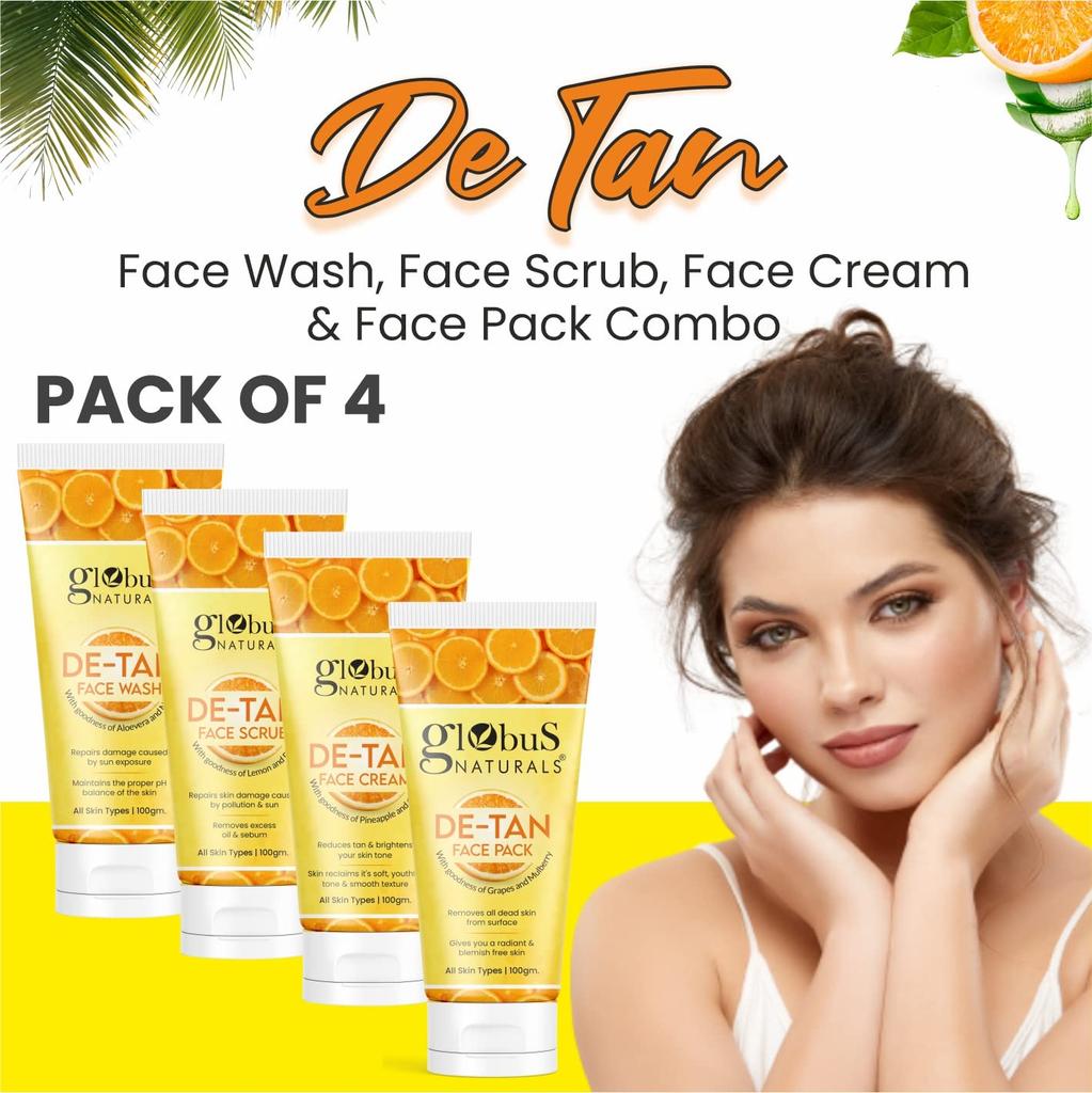 Globus Naturals De-Tan Face Wash, Face Scrub, Face Cream & Face Pack Combo, For All Skin Types 100 Gm, Pack of 4