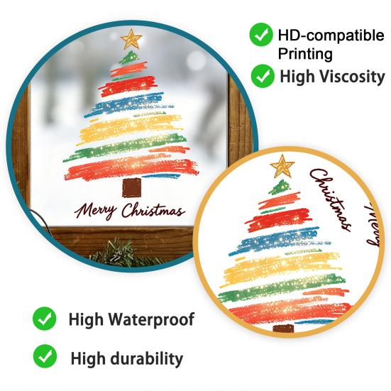 Christmas Tree Wall Stickers Hand-painted Colorful Static Glass Sticker, Removable PVC Window Cling, Holiday Reusable Decals for Home And