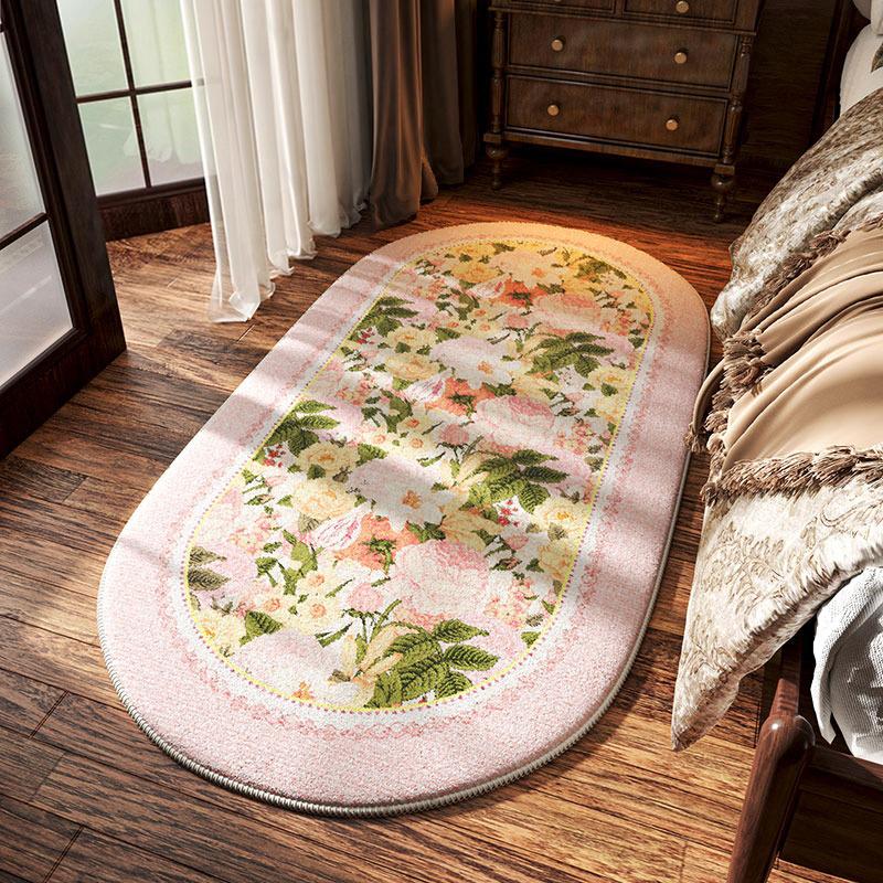 

Bedroom Bedside Carpet Non-slip Soft Comfortable Floor Mat American Retro Flower Pattern Rug Oval Long Home Decoration Mats 40x120cm