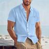 Men Solid Linen Short Sleeve Casual Turn Down Collar Loose Breathable Mens Shirt