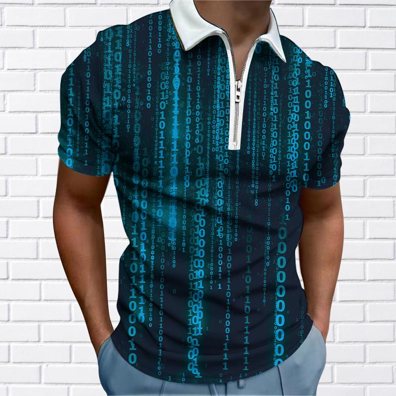 Happy Show Heren Shirt Polo Casual Rits Korte Mouw Mode Casual Rits Zomer Lente Regular Fit 3D Witte Lijnen Print Shirt 8XL blauw