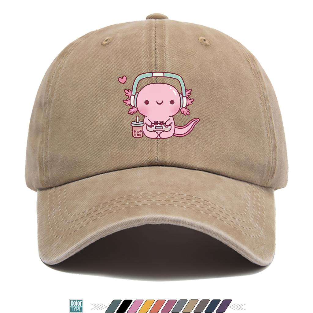 Kawaii Axolotl Gamer Bubble Tea Gewaschene Baseballkappe Unisex Verstellbare Baumwolle Papa Hut