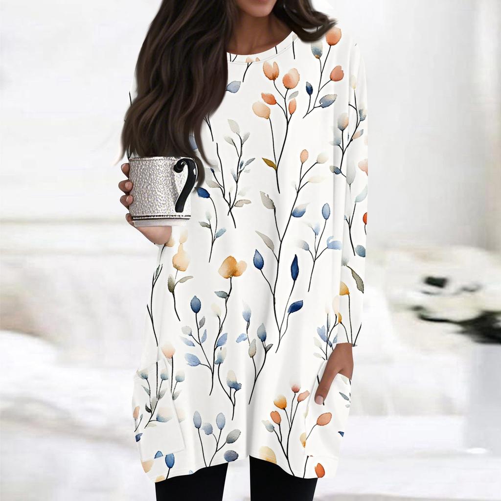Womens Tops Round Neck  Long Sleeve Blouses Casual Mid-length Shirts Fashion Print Tunic Tops With Pockets