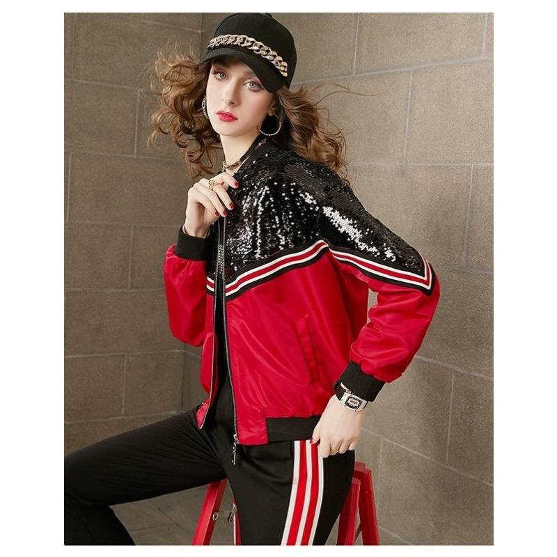 

Осеннее пальто женское короткое новая мода воротник-стойка универсальное контрастная цветная вставка зарубежный стиль свободный топ с пайетками S красный