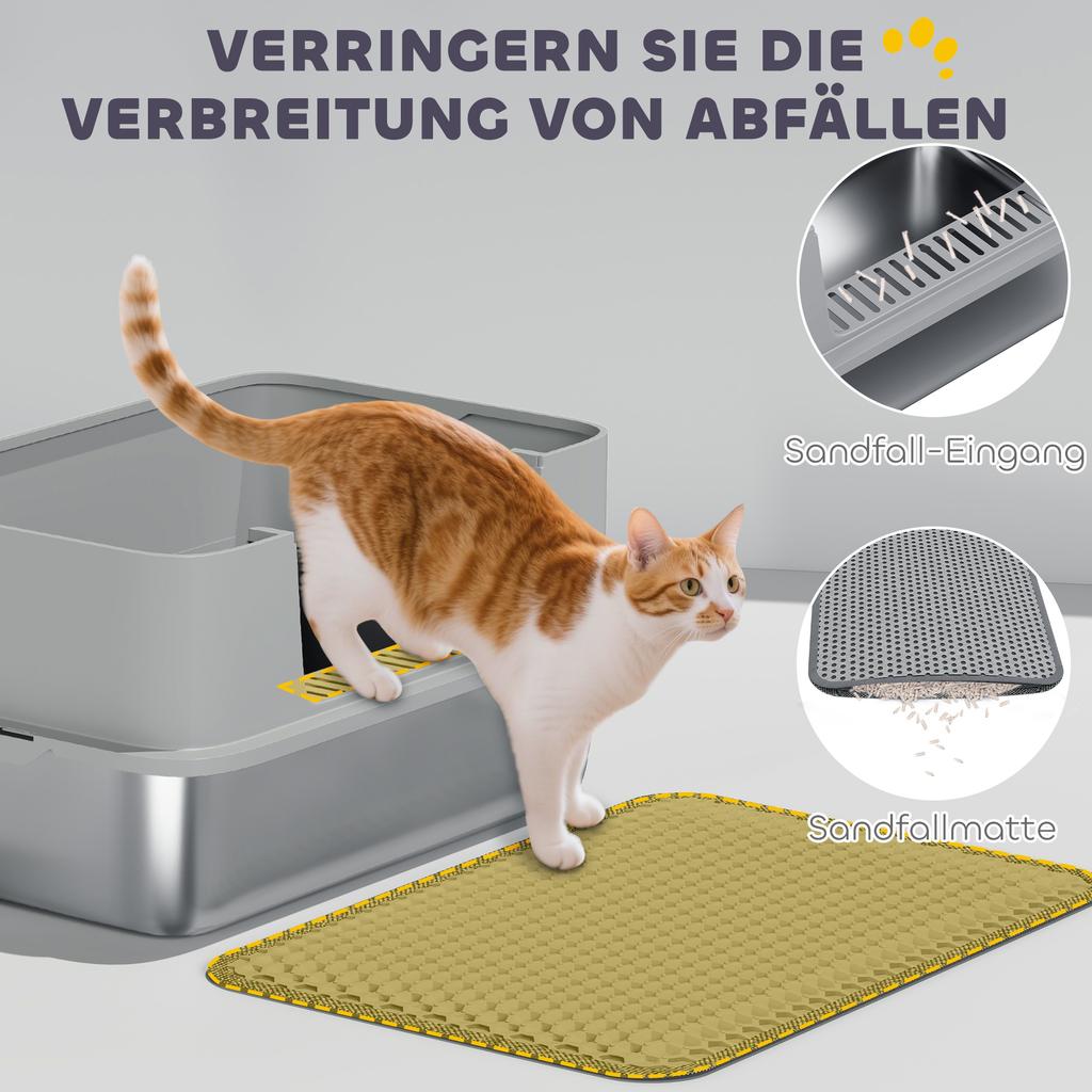 High Sided Stainless Steel Litter Box, Metal Cat Litter Tray with Metal Scoop, Litter Mat, Never Absorbs Odors, Grey