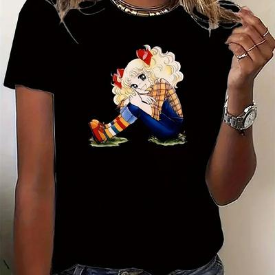 Women's Cute Cartoon Character Print Sports Tee Black Round Neck Short Sleeve T-Shirt Perfect for All Seasons