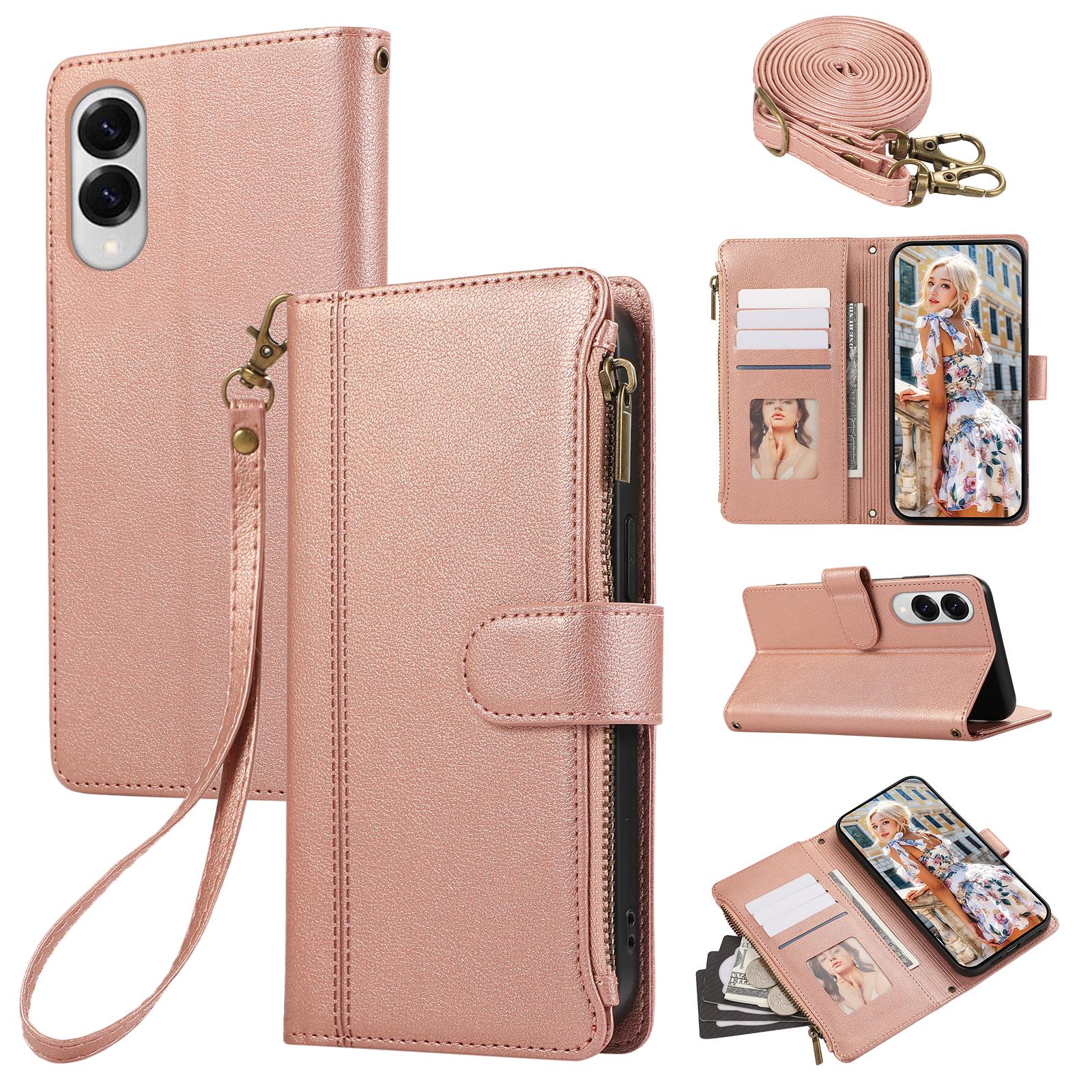 

Для Samsung Galaxy S25 Чехол-книжка с несколькими отделениями для карт, на молнии, кожаный чехол для телефона с плечевым ремнем/ремешком на запястье Rose Gold