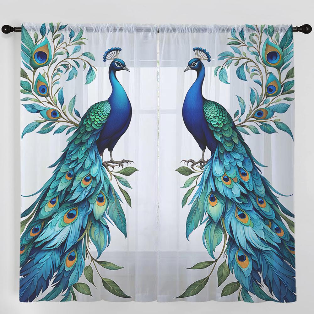 2Pcs Polyester Blue Peacock Floating Printing Window Curtains Birthday Party Decoration Backdrop Drapes for Living Room