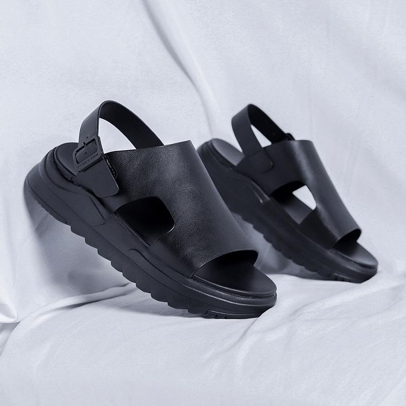 Fashion Men Sandals Summer 2025 New Casual Leather Outdoor Walking Shoes Non-slip Open-toe Platform Sandals Comfy Soft Roman Slides