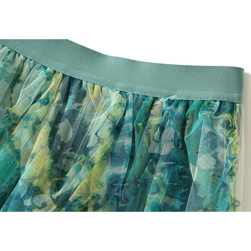 Qooth Colorful Pleated Irregular Mesh Half Skirt Mid-Length Rainbow Gauze Skirt Women Slim Skirt QT2614