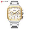 CURREN Men Square Quartz Watch Multifunction Chronograph Green Dial Waterproof Calendar Stainless Steel Mens Business Wristwatch
