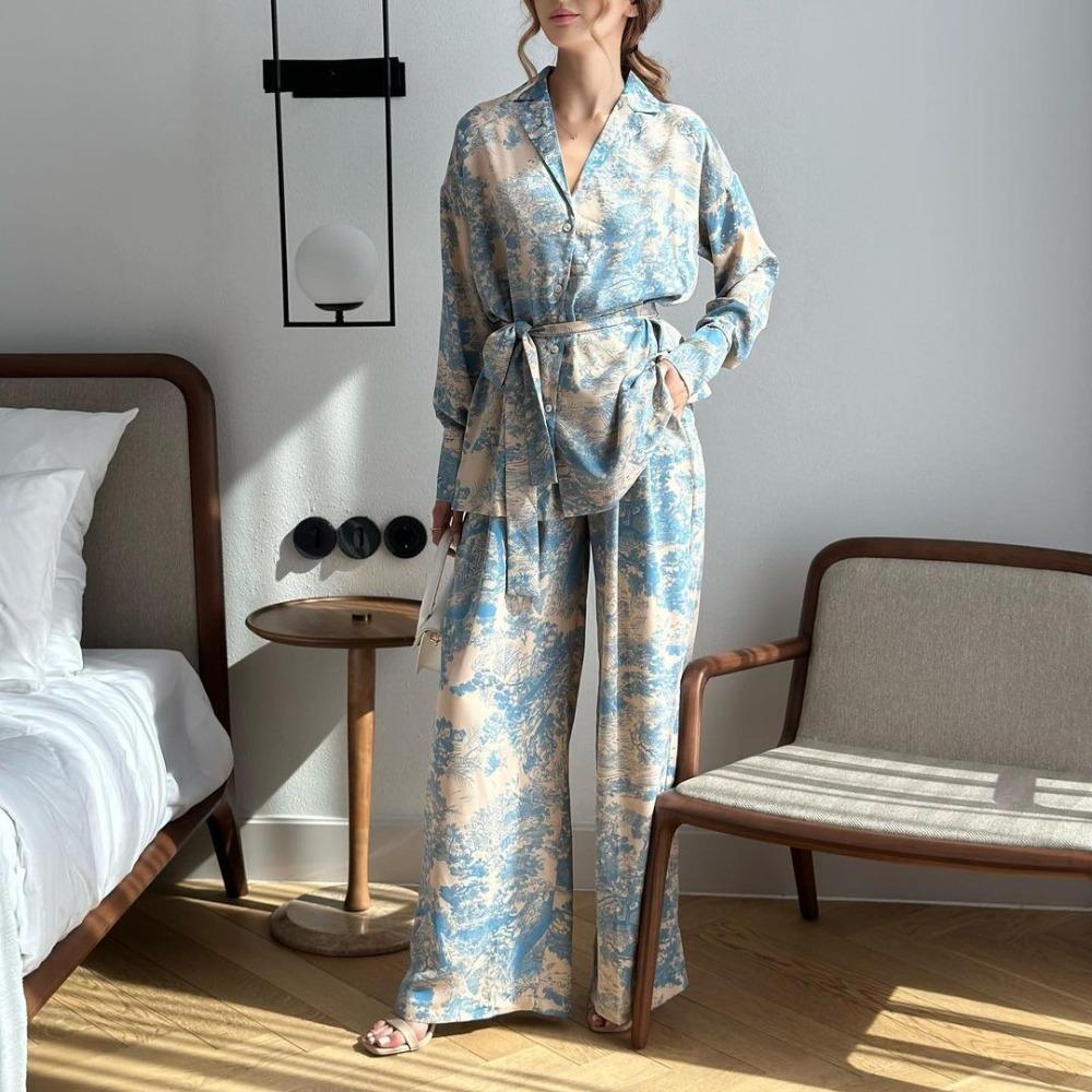 Women's Elegant 2-Piece Casual Outfit: French Print Long-Sleeve Lace-Up Shirt + High-Waist Wide-Leg Pants