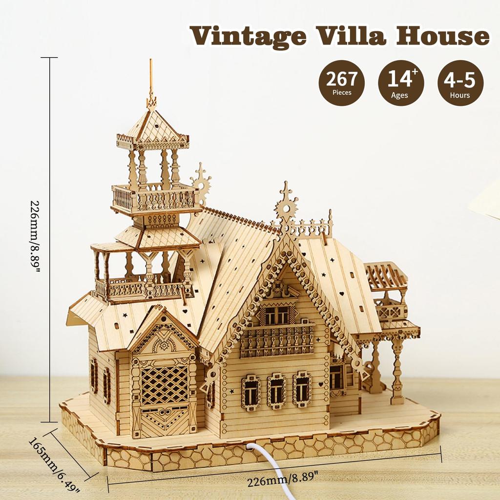 Hallisun 3D Wooden Puzzle DIY Retro Cottage Villa House with LED Light Model Assembly Kit 3D Puzzle Brain Teaser Hobby Game Toy for Adults DIY