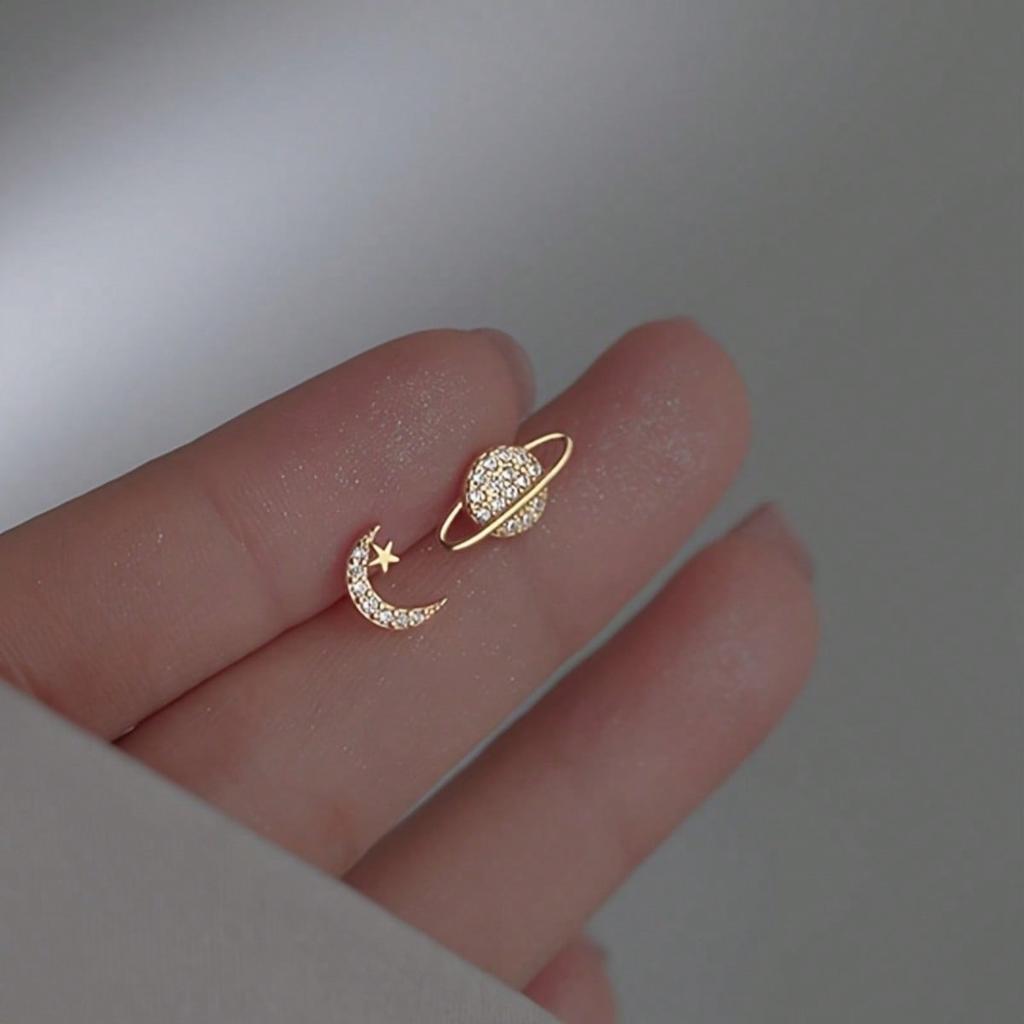 1 Pair of Fashionable Irregular Earrings for Women, Star and Moon Earrings, Set with Sparkling Synthetic Zircon Accents, Suitable for Daily Wear