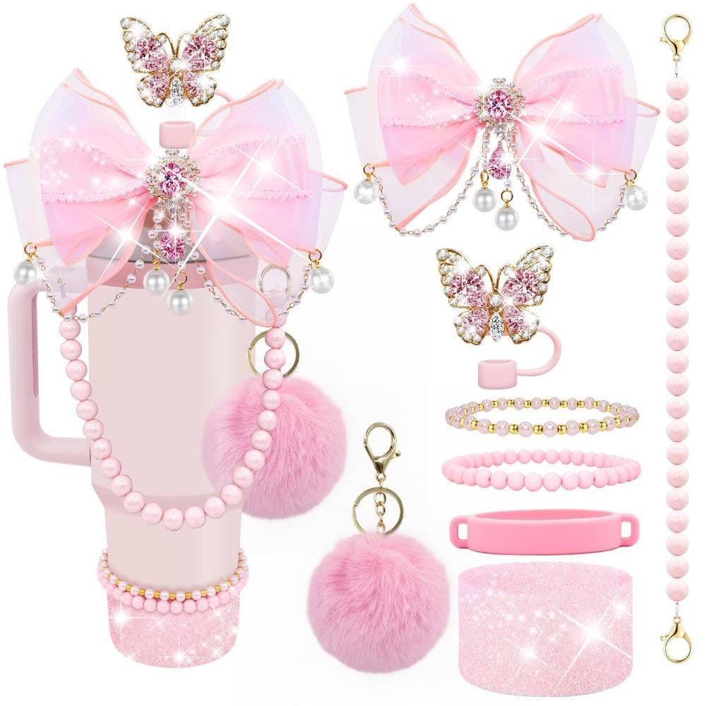 8/9Pcs Pink Tumbler Cup Accessories Silicone Straw Cover Pearl Charm for Cup Decoration Bow Tie Cover