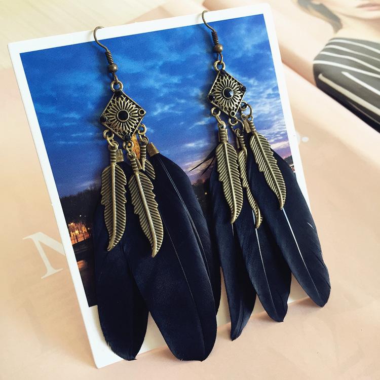 Bohemian Retro Style Feather Fringed Earrings, Bronze Leaves Elegant Exaggerated Earrings Women's Ear Jewelry