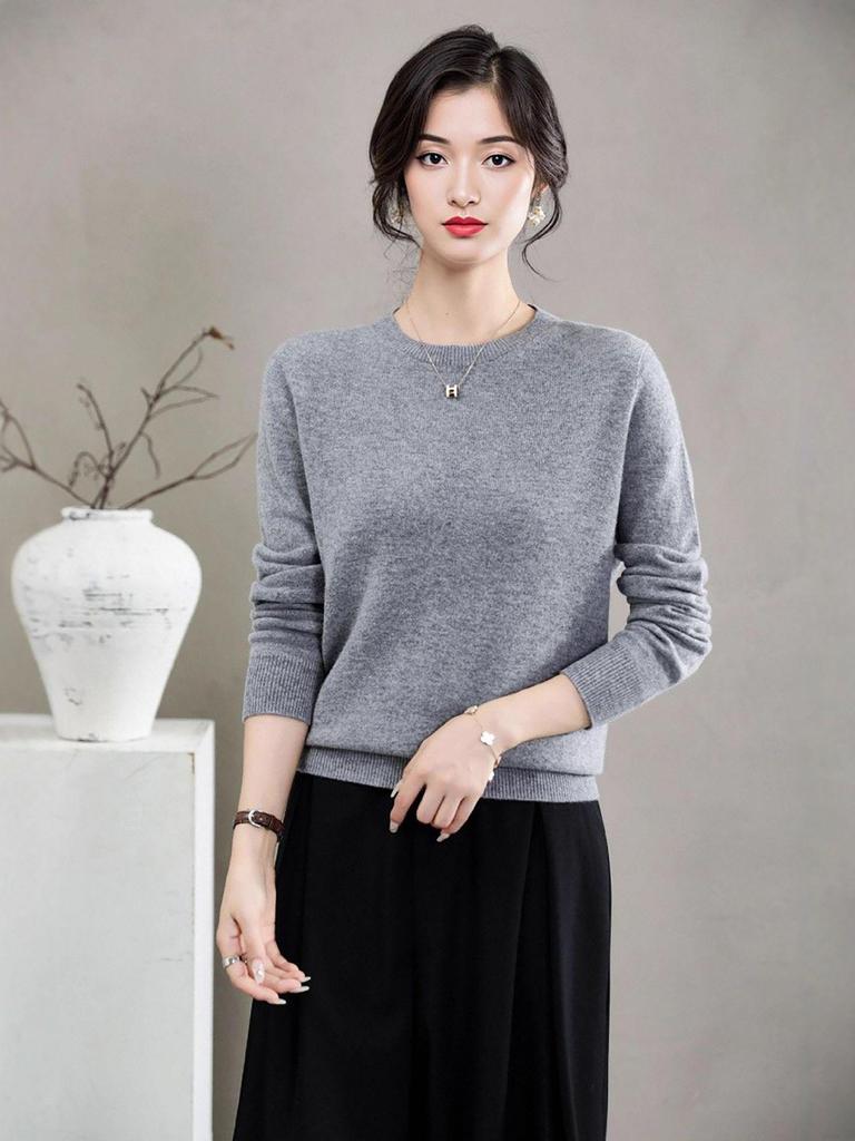 Women's Round Neck Cashmere Sweater: Autumn & Winter Versatile Long Sleeve Knit Top, Solid Color Fashion Basic.