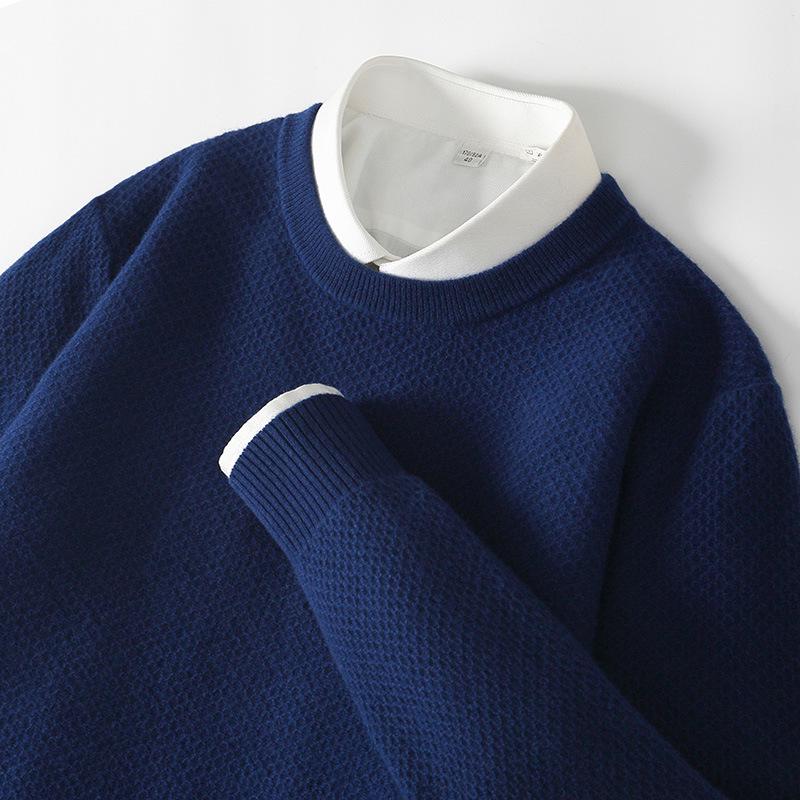 

Мужской свитер из чистой шерсти, сотовой вязки - Круглый вырез, Длинный рукав, Повседневная осенне-зимняя мода. L