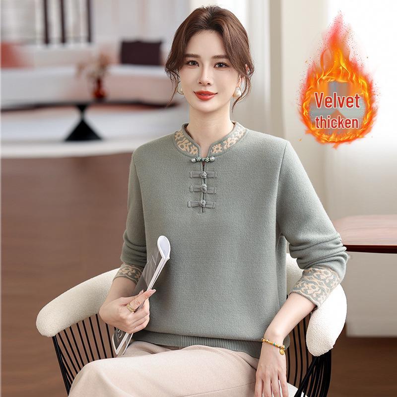 Young Mother Plus Velvet Sweater: Stylish Chinese Knit Base Layer for Middle-aged & Elderly Women