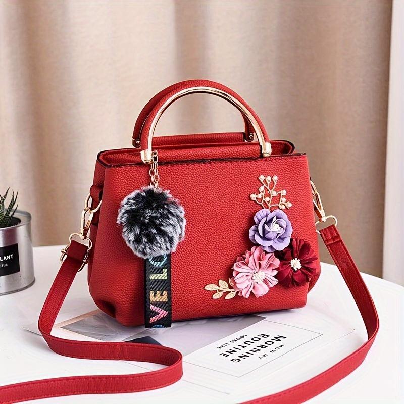 3D Flower Decor Handbag, Women's PU Leather Crossbody Bag, Fashion Small Top Handle Purse