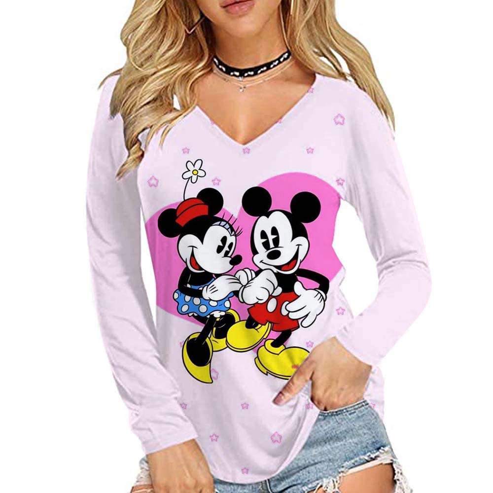 Disney Mickey Mouse Printed Women's Basic Long Sleeve Loose V-neck T-shirt Autumn/Winter 10 Color T-shirt Street Wear