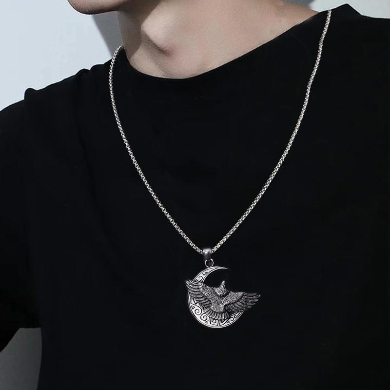 Mond und Fliegender Adler Anhänger Halskette Für Männer Frauen Retro Hiphop Silber Edelstahl Kasten Kette Hippie Schmuck