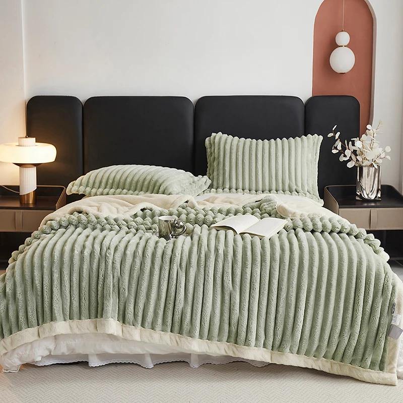 Fluffy Soft Faux Rabbit Fur Throw Blanket for Sofa Thick Warm Wide Striped Fleece Bed Blanket Spring Autumn Cozy Plush Bedspread