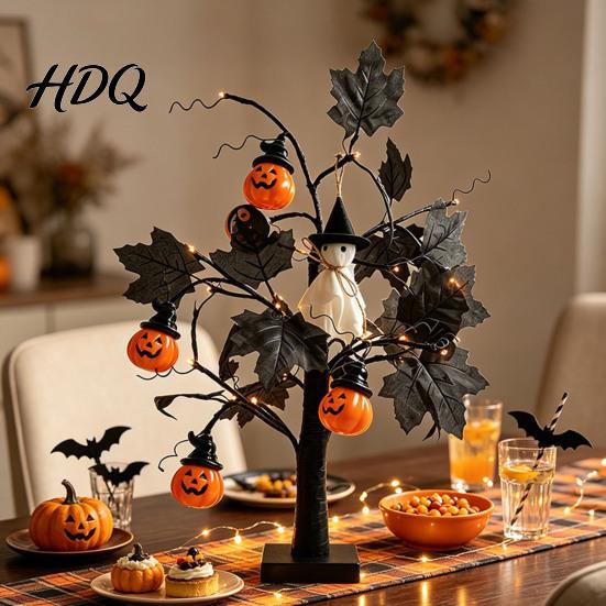Lampade Natalizie da Tavolo Albero di Halloween Luce LED Ramo Nero Illuminato con Occhio di Fantasma Zucca Ragno USB Festival Luci da Interno Oggetti di Scena e Batteria