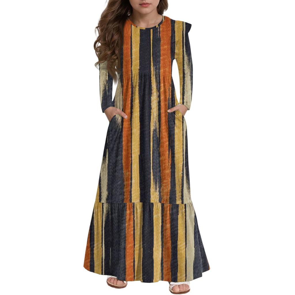 Girls' Tiered Ruffle Dress - Long Sleeve Printed Maxi With Pockets