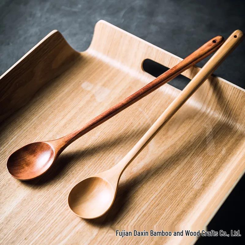 Food-Grade Wooden Spoon with Extended Handle - Anti-Scalding, Ideal for Mixing in Rice Cookers & Milk Pots, Engravable.