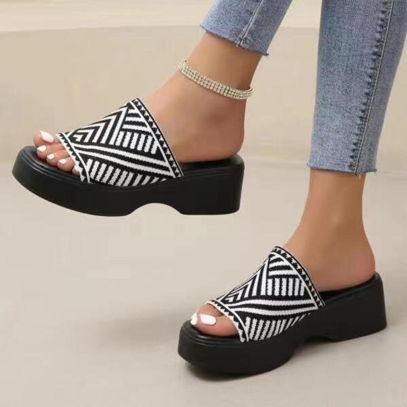 Large Size One-character Slippers Women's New Wedge Heel Thick-soled Fashion Casual Slippers