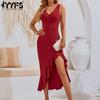 Vestidos casuales de cintura alta con cuello en V sin mangas con estampado de color sólido a la moda para mujer