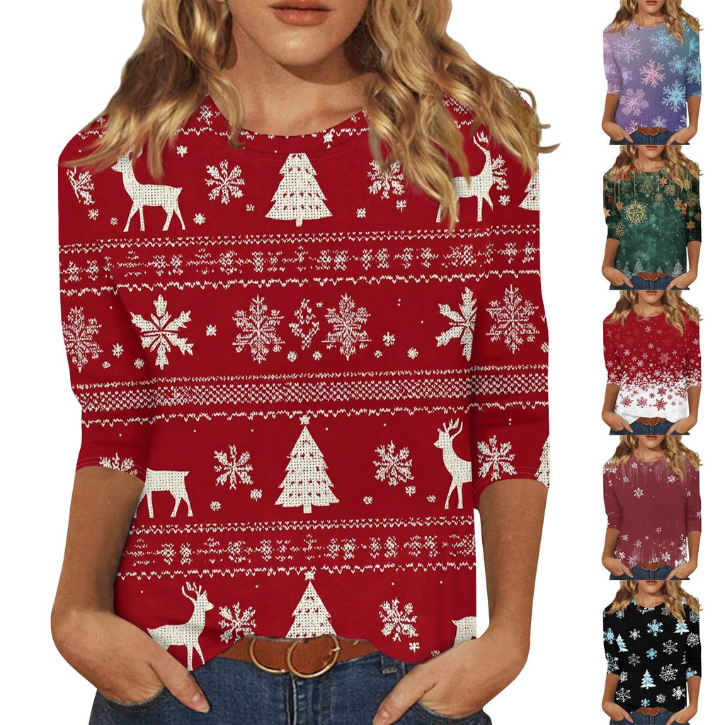 Women's Fashion Casual Christmas Printed Round Neck Long Sleeve Pullover Top
