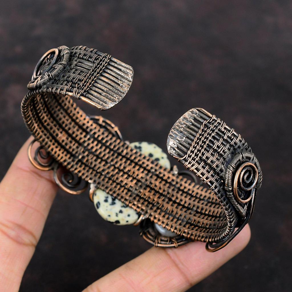 Dalmatiner Jaspis Armreif Kupferdraht umwickelter Armreif Regenbogen Mondstein Edelstein Armband Verstellbarer Armreif Handgefertigter Schmuck Geschenk für Ihn