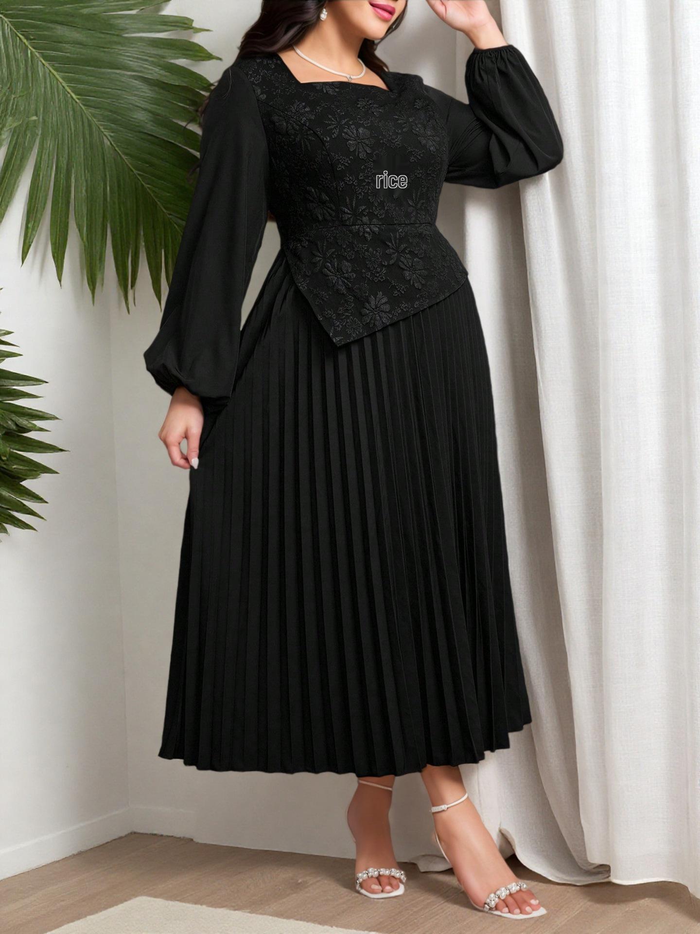 Plus Size Women s Long Sleeve Pleated A-Line Muslim Dress 1XL чёрный