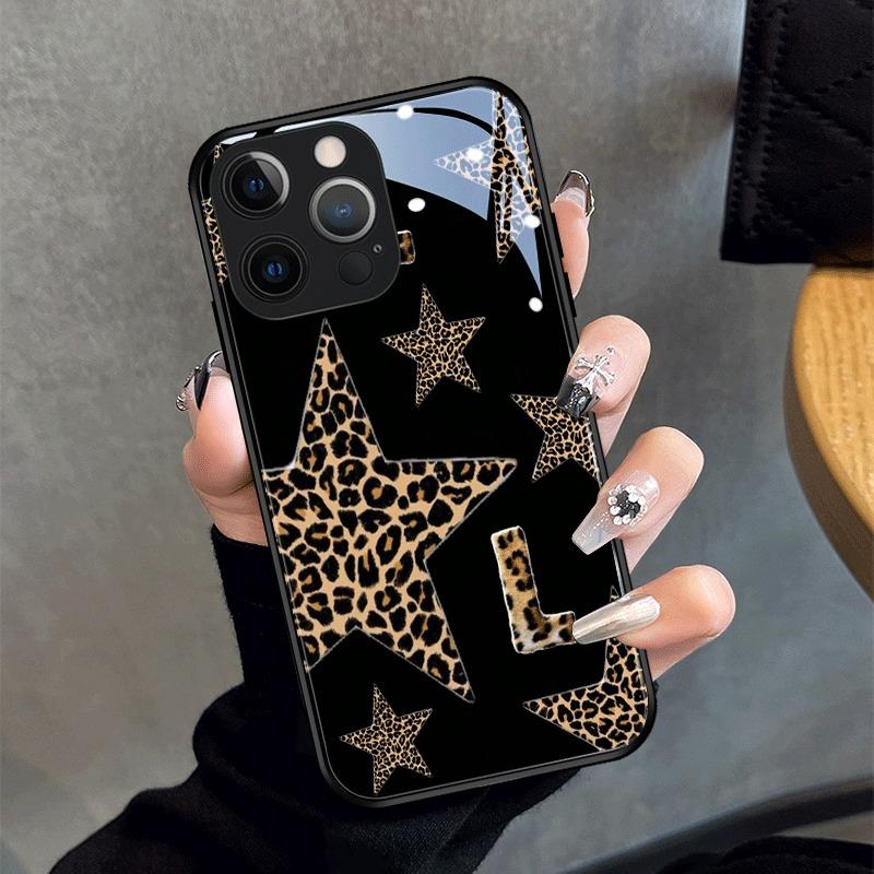 Black Leopard Print Star Letter Pattern Glass Phone Case For iPhone 17 16 15 14 13 12 11 Pro Max 16E 17Air 7 Plus XR XS X Cover