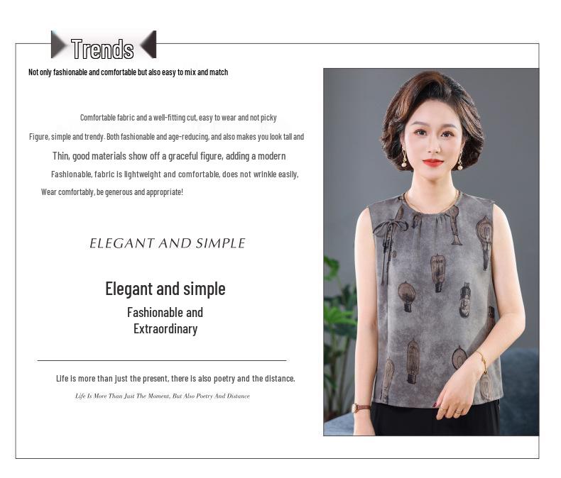 2026 Summer French Retro Loose Casual Imitation Silk Printed Sleeveless Vest for Middle-aged and Elderly Women