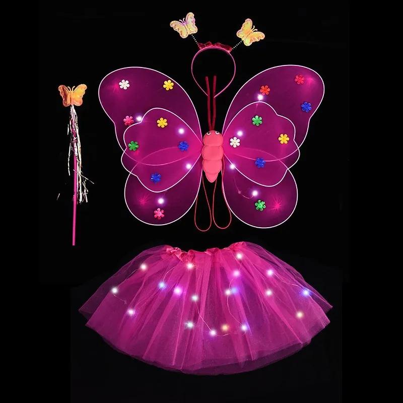 Non-Toxic 2-6 Year Led Children Costume Props Children Skirts Luminous Wing Toys Flashing Butterfly Wing Skirt Set Kids Luminous Party Toys