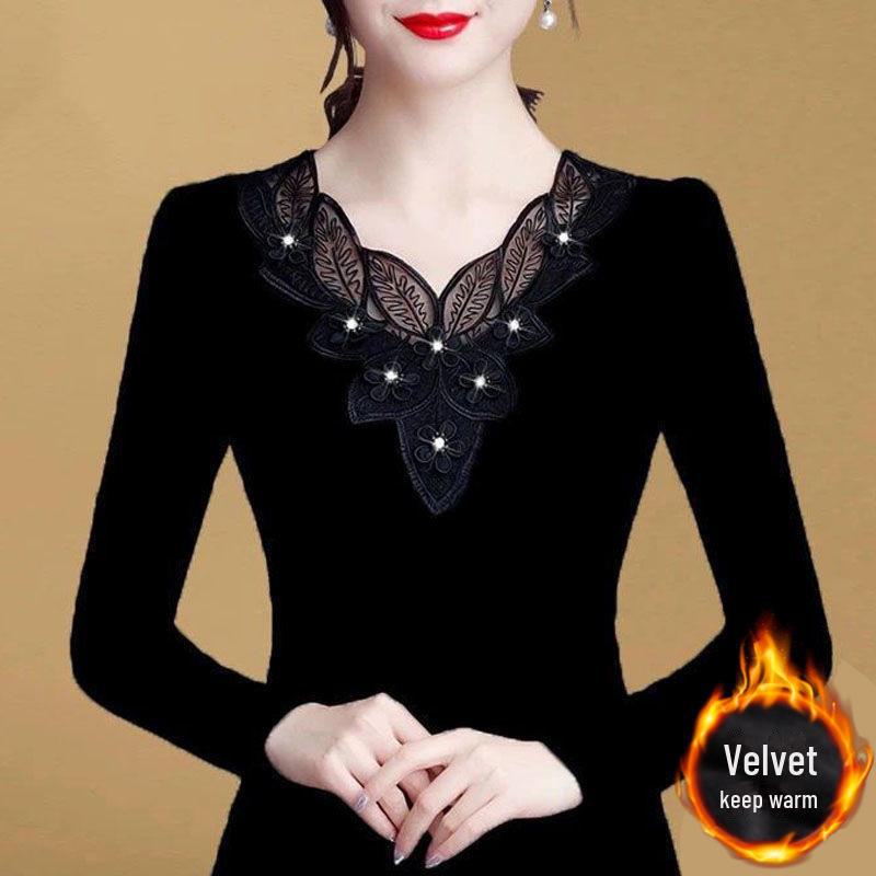 Top de Malla de Encaje Negro Peluche para Mujer 2025 - Ajuste Slim & Ropa de Otoño a la Moda