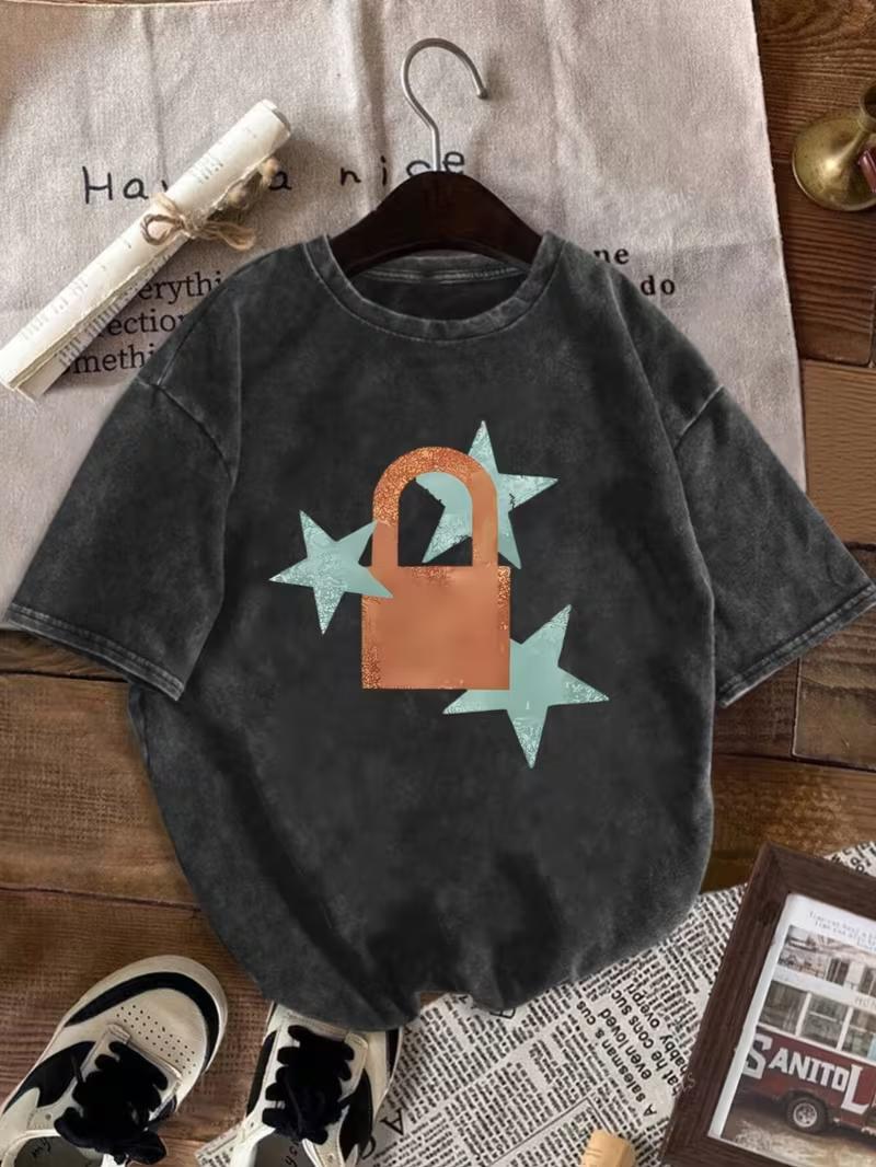 

Vintage Washed Distressed Star Print TShirt YK Punk Hip Hop Top Star Graphic Tee Casual Loose Fit Streetwear Short Sleeved 2XL