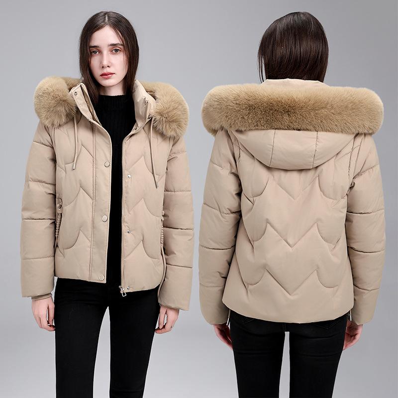 New European off-sleeve removable cotton clothes for women's short winter thickened large fur collar slim jacket for women's cotton clothes