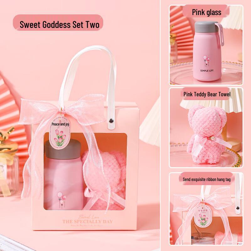 Pink Glass Cup & Bear Towel Gift Set