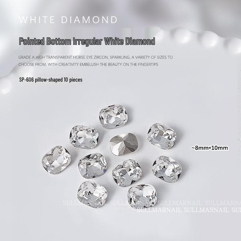 Nail Art Rhinestones Set: Heart, Crooked Heart, White Diamond, Peach Heart, Square, and Transparent Shapes (10 Pieces)