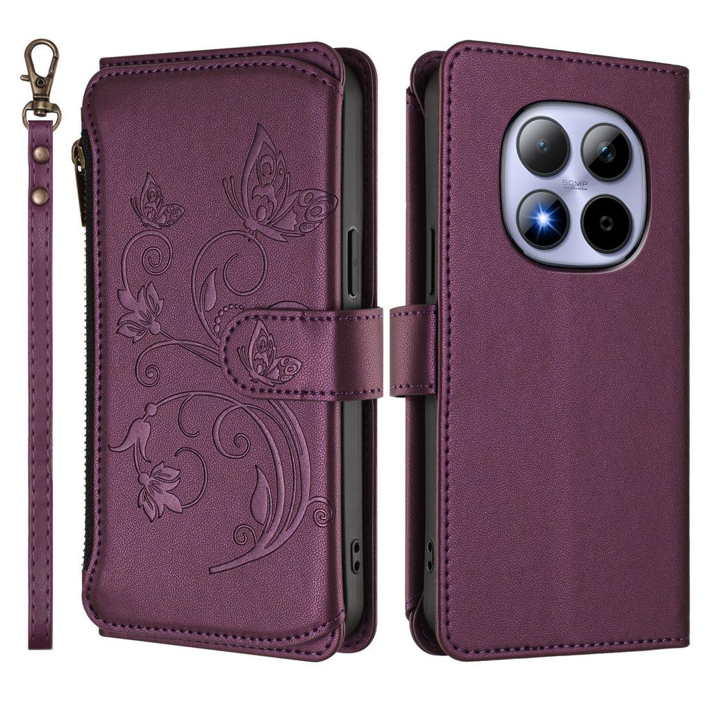For Xiaomi Redmi Note 15 Pro 5G Leather Case Butterfly Floral Imprint Zipper Wallet Stand Cover with Wrist Strap