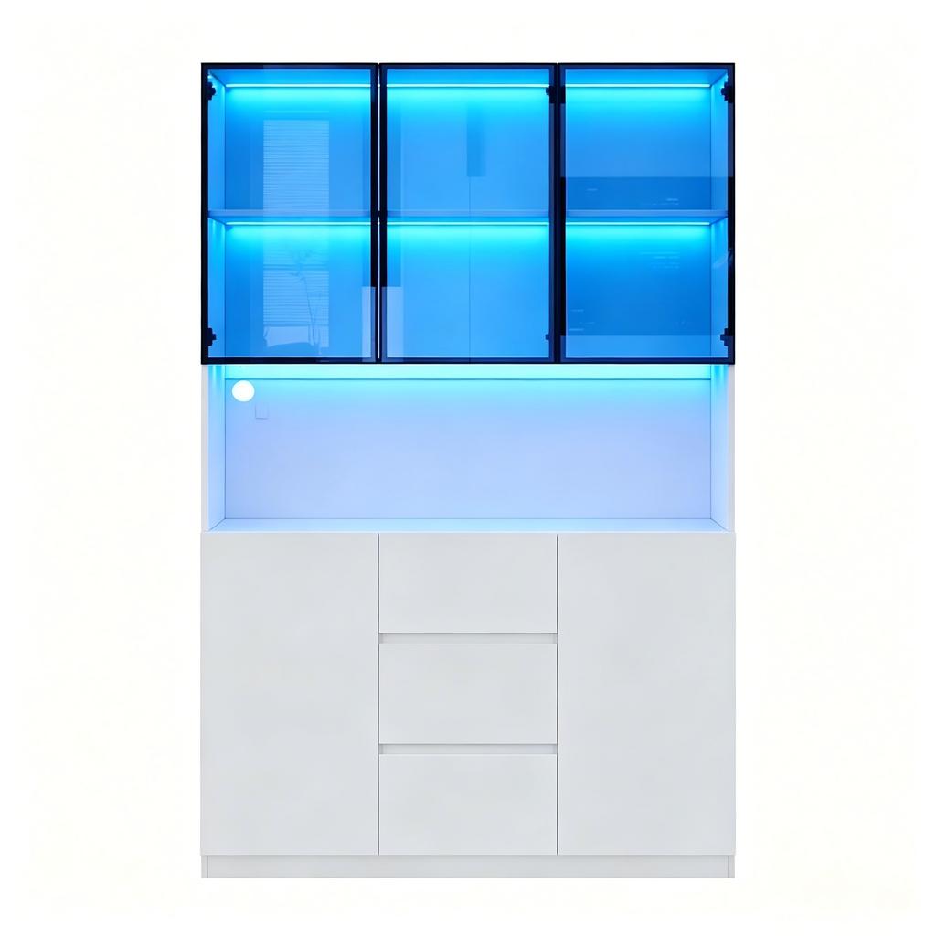 Vetrina in Vetro Illuminata a LED 120×40×200 cm – Vetro Temperato con Ripiani, Tre Cassetti e Due Ante, Versatile per Soggiorno e Sala da Pranzo