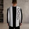 Men Plus Size Round Neck Long Sleeve Geometric Printed Blue Straight Hem T Shirt