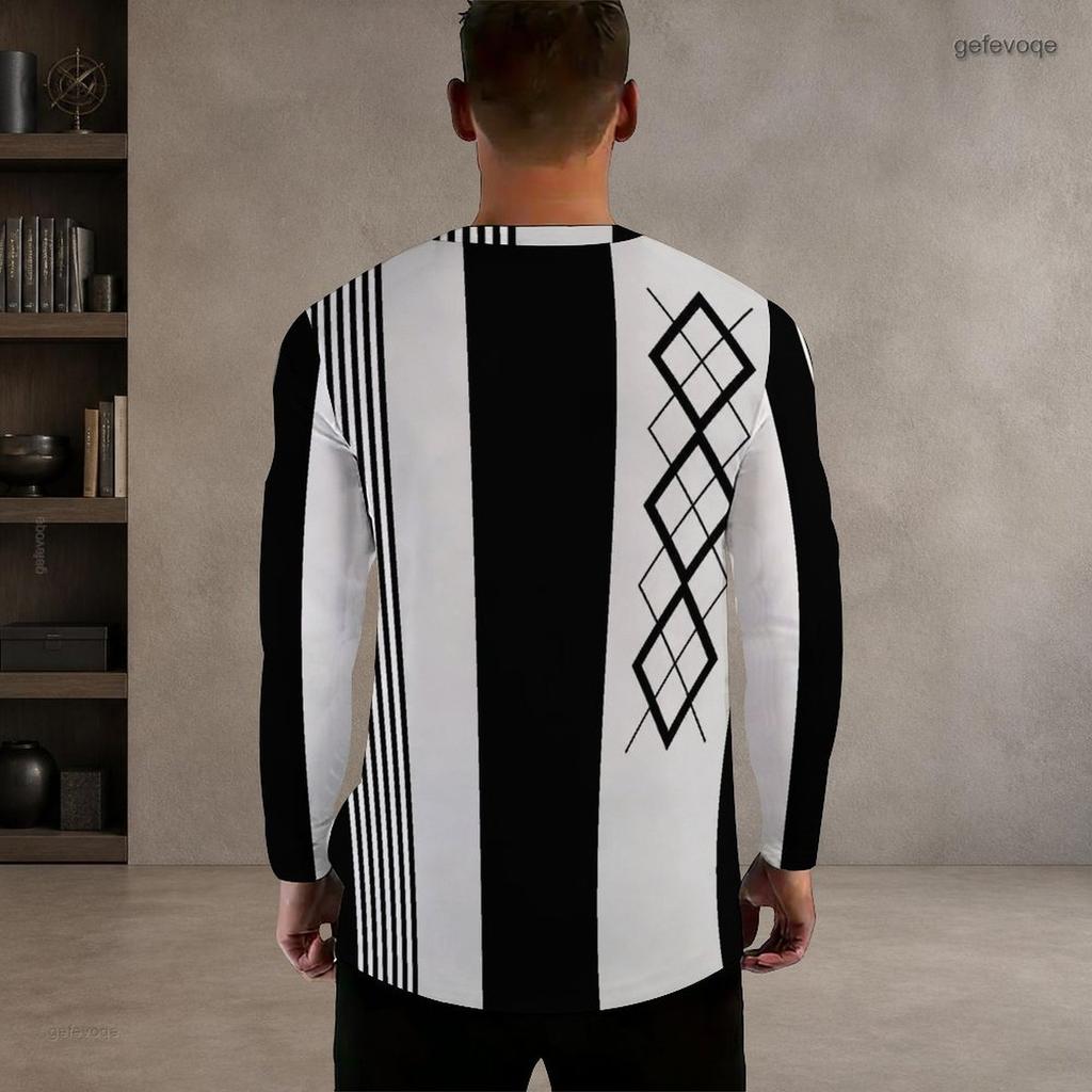 Men Plus Size Round Neck Long Sleeve Geometric Printed Blue Straight Hem T Shirt