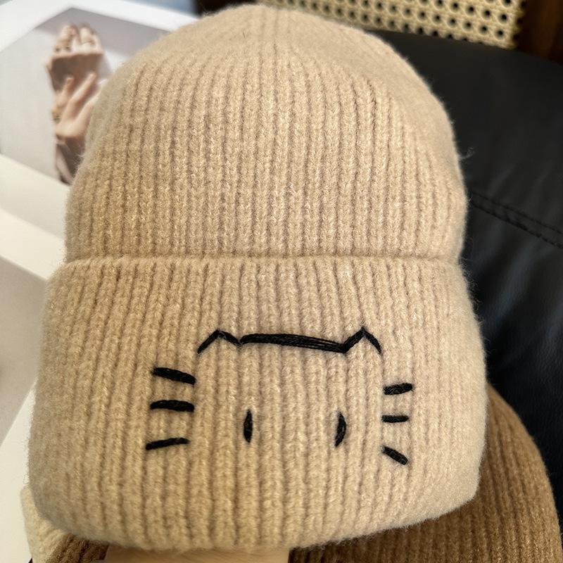Hat Versatile 2025 Autumn and Winter Korean Version Wool Hat New Cute Kitten Hand Embroidered Warm Ear Protection When Knitting