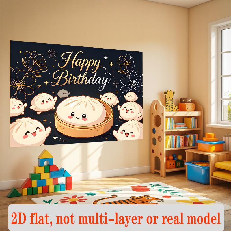 Baozi Steamed Bun Birthday Banner, Cute Dumpling Backdrop Wall Decor for Party