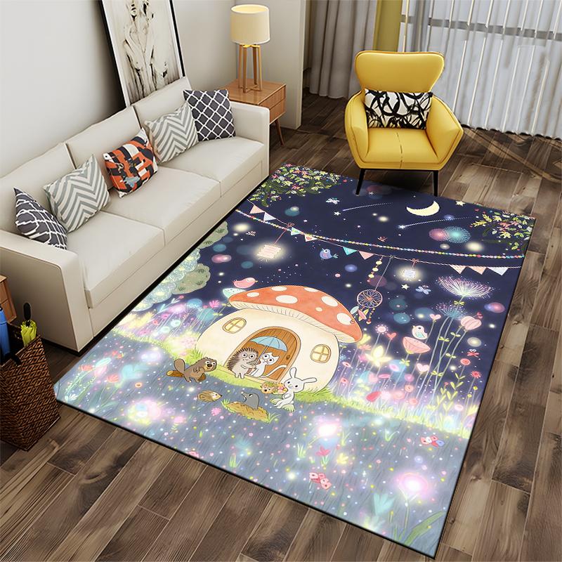 Whimsical Night Forest Carpet with Animals and Mushroom House Suitable for Use As an Anti-slip for Living Room Bedroom Sofas